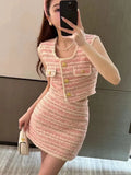 High Street Small Fragrant Tweed Two Piece Set Women Sexy Tank Crop Top + Mini Skirt Suits Female Y2k Streetwear 2 Piece Sets