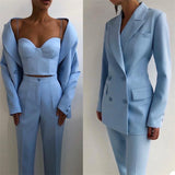 Getadme 3 Pieces Women Suits Pants Set Blazer+Corset Top+Trousers Double Breasted Jacket Formal Casual Wedding Tuxedos Prom Dress Tailor