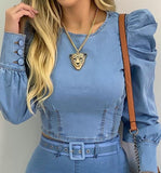 Getadme Denim Shirt Women New Light Blue Long Bubble Sleeve Blouses Skinny Slim Fit Francais Tops Korean Streetwear Blusas Mujer De Moda