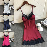Getadme-Women's Sexy Lingerie Summer Silk Night Gown Lace Patchwork Mini Night Dress Spaghetti Strap Sleepwear Ladies With Chest Pad