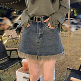Getadme-Women's Vintage Blue Tassel Denim Skirt Summer New Chic Street Style Simple High Waisted A-line Skirt Female Mini Dress