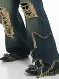 Getadme Broken tassel American high street jeans for women with high waisted loose floor mops, retro star design wide leg y2k pants