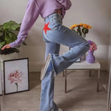 Getadme- 90s Retro Five Pointed Star Straight Women Jeans Y2k Streetwear High Waist Micro Flared Pants Slim Fit Patch Denim Trousers