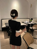 Vintage Slim Black Mini Dress Office Lady 2022 Summer Sexy Bodycon Elegant Dress Party Casual Short Sleeve Dress Korean Woman