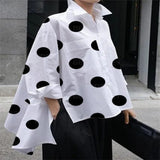 Getadme Fashion Polka-Dot Buttons Shirts Women's Side Split Lapel Long Sleeves Blouse Women Casual Simple Commuter Office Ladies Shirts