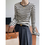 Getadme-spring new striped long-sleeved t-shirt women's slim fit and thin waffle bottoming shirt top