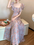 Summer Elegant Chiffon Floral Strap Dress Women's Mesh Stitching Strapless Mixi Dress Holiday Ladies Vestidos Female Robe