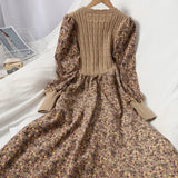 Getadme-Autumn Winter New Korean Version of Age-reducing Splicing Strap Slimming Knitted Long Dress Fashion Corduroy Floral Dress