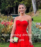 Getadme-Red Tiered Ruffles Tulle Evening Dresses Sweetheart Sleeveless A-Line Pleat Ruched Party Prom Gowns vestidos de festa