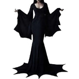 Witchy Costume Morticia Addams Wednesday Train Floor Dress Women Halloween Witch Dark Outfit Gothic Gown Robe Horror For Adult