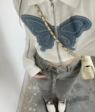 Harajuku Turn-down Collar Zip Up Jacket Women Crop Tops Y2k Vintage Butterfly Embroidery Denim Patchwork Jacket Coat Streetwear