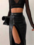 Getadme-블랙 PU 가죽 하이웨이스트 펜슬 스커트 빈티지 그런지 여성 스트리트웨어 지퍼 하이 스플릿 바디콘 미디 스커트 벨트 포함