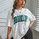 Getadme New T-Shirt Women 1898 Brooklyn York Letter Drop Shoulder Print Vintage Oversized T Shirt Simple Clothes Female Tshirt Y2K Top