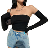 Getadme-Female Crop Tops T-shirts, Solid Color Boat Neck Off Shoulder Sexy Tops Pullover with Long Sleeves for Summer Club Wear