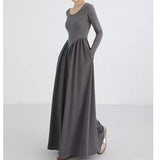 Style Fashion Elegant Women A Line Dress Summer Elastic Slim Long Sleeve Midi Dress High Waist O Neck Pleated Dress