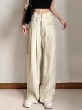 Pantalon femme taille haute étudiante rétro ample et décontracté style coréen, idéal pour le printemps, confortable et facile à assortir.