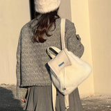 Getadme Sweet Cute Soft Plush Shoulder Bag White Harajuku Style Drawstring Backpack New Large Capacity Elegant Literary Handbag