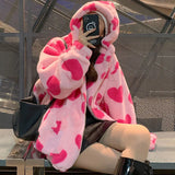 Harajuku Heart-shaped Print Plush Jacket Women Winter 2022 Korean Long Sleeve Hooded Coat Thick Warm Couple Streetwear Outerwear