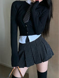 HOUZHOU Preppy Style Striped Pleated Skirt Women Vintage Sexy Cute Korean Fashion High Waist A-line Black Mini Skirts Y2K 2000s