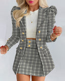 Getadme-Autumn Women's Skirt Suits Fashion Plaid Print Puff Sleeve Buttoned Blazer Coat and Short Skirt Office Lady Set
