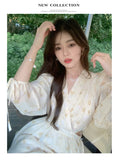 Summer Elegant Floral Midi Dresses Women Beach Casual Long Sleeve Vintage V-Neck Casual Office Lady One Piece Korea Style Dress