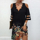 Getadme-Dress Women Elegant V Neck Summer Off Shoulder Lace Mesh Patchwork Mini Dress Female Loose Print Beach Short Dress