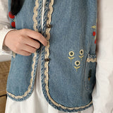 Getadme Kawaii Vests Women Embroidery Single Breasted Vintage Denim Waistcoats Japanese Style All-match Prairie Chic Streetwear Retro