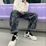 Getadme-Casual Pants Women Spring Summer Loose Wide Leg Elastic High Waist Loose Straight Trouser Cartoon Print Pants Japanese Design