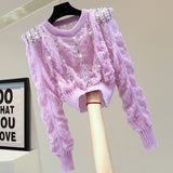 Hollow Out Bead Long Sleeve Knitted Shirt Women Pullovers  Autumn Winter High Waist Sweater Fashion Short Knitwear Sweaters