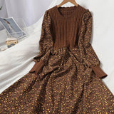 Getadme-Autumn Winter New Korean Version of Age-reducing Splicing Strap Slimming Knitted Long Dress Fashion Corduroy Floral Dress