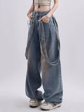 QWEEK 90s Vintage Blue Jeans Women Y2K Korean Fashion Retro Wide Leg Overalls Oversized Harajuku Hippie Streetwear Denim Pants