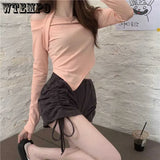 Getadme-Sexy Off Shoulder Slim Fit T-shirt Women Solid Color Slim Fit Irregular Bottom Shirt Fashion Female Shirt Drop Shipping