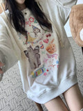Kawaii Cat Print Hoodie Women Cutecore Long Sleeve Sweatshirt American Retro E-girl Kitten Angel Graphic Alt Clothes Y2k