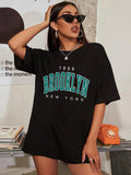 Getadme New T-Shirt Women 1898 Brooklyn York Letter Drop Shoulder Print Vintage Oversized T Shirt Simple Clothes Female Tshirt Y2K Top