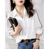 Getadme-Fashion Lapel Button Spliced Pockets All-match Shirt Women Clothing Autumn New Loose Casual Tops Office Lady Blouse