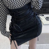 Getadme-Black Leather Mini Skirts Women Gothic High Waist Slim Fit Lace-Up Pencil Skirt Female Sexy Club Back Zipper Split Bag Hip Skirt