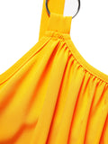 Sunflower Print Colorblock Sundress Ruched O Ring High Waist Vacation Dress For Female Summer Beach Robe