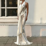 LIYONG Women Maxi Dress Fashion Elegant Solid V Neck Sleeveless Nipped Waist Pleated Evening Party Dresses High Streetwear