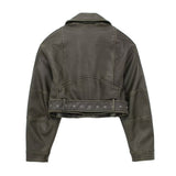 Getadme Women Vintage Loose Pu Faux Leather Short Jacket with Belt Streetwear Female Zipper Retro Moto Biker Coat Outwear Tops
