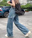 Retro loose drawstring elastic waist thin multi-pocket overalls straight wide leg jeans women's new summer tide