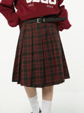 Getadme-American College Style Red Plaid Pleated Skirt Women's Spring Design Color Contrast A-line High Waist Short Skirt Femal