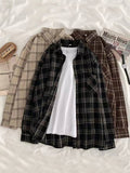 Getadme  Vintage Women Plaid Shirts Autumn Long Sleeve Oversize Button Up Tops Korean Loose Casual Fall Outwear Femme Shirts