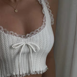 Getadme-Y2K Kawaii Bow Lace Trim White Crop Tops 90s Aesthetic Fairycore Vintage Sleeveless Vest Women Summer Holiday Camisole Clothes