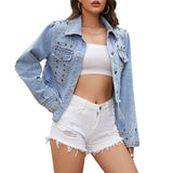Getadme-Fashion Studded Decoration Short Denim Jacket Women Single-breasted Splicing Outerwear Ladies Casual Loose Coat Trend Streetwear