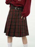 Getadme-American College Style Red Plaid Pleated Skirt Women's Spring Design Color Contrast A-line High Waist Short Skirt Femal