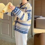 Getadme-Autumn Vintage Cardigan Sweater Blue Long Sleeve Sweater Coat V-neck Casual Knitted Jumpers Womens Korean Style Clothes