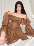 Getadme  Holiday Irregular Long Sleeve Beach dress summer Ruffle sexy Off Shoulder female high waist chic women short dresses  Sundress