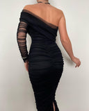 Sexy Dress Diagonal Collar Wrap Mesh Long Dresses Women One Shoulder Sleeve Waist Solid Party Dress