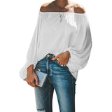 Simple Style Solid Color Off The Shoulder Tops Women Lantern Long Sleeve T-Shirt Female Fashion Loose Sweet Casual Commuter Tees