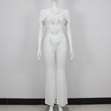 Sexy  2 Two Piece Set Rose Flower Crop Top Women Corset 2023 Summer Off Shoulder Sleeveless Short Tops Vest Flared Pants